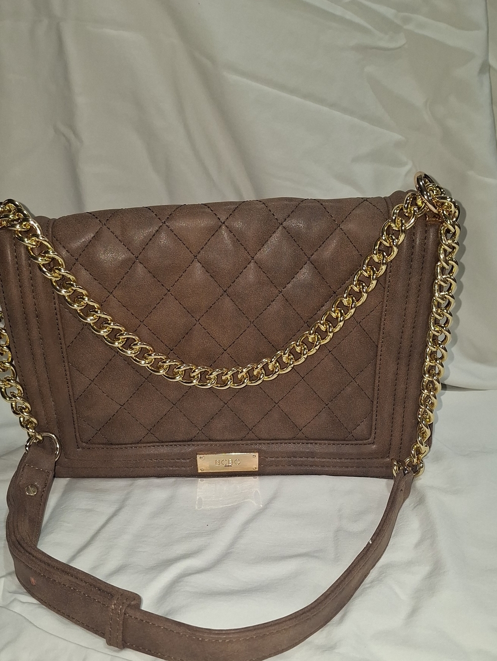 BCBGMaxAzria Quilted Taupe Shoulder Bag with Gold Chain